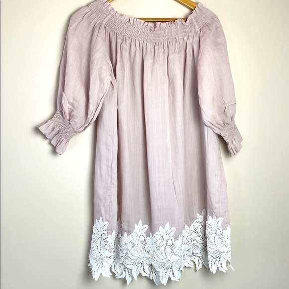 Caara Off-Shoulder Linen Dress with White Lace Appliqué Trim Pale Pink Size S - Picture 6 of 12